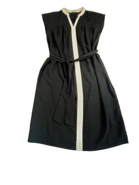 Talbots Petite Black Dress White Trim Tie Waist Size 6P